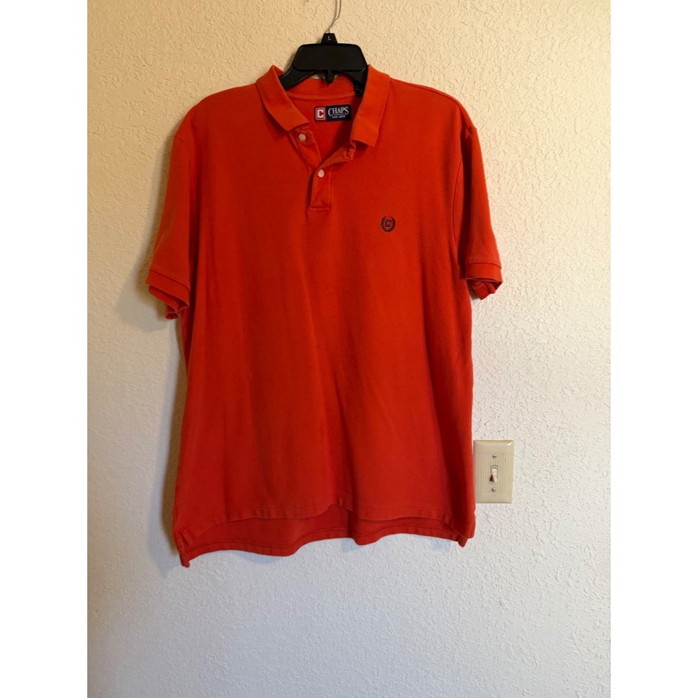 Chaps Mens Orange Cotton Pique Short Sleeve Polo Shirt Large Logo Solid Classic